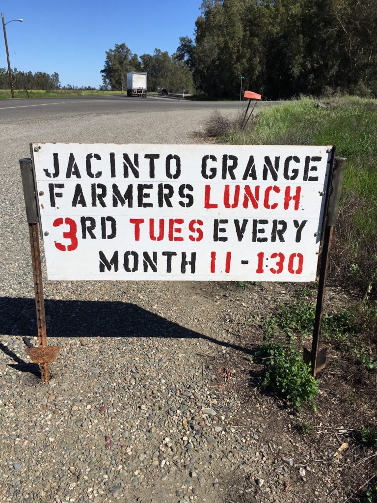 sign announcing Jacinto Grange Farmers lunch
