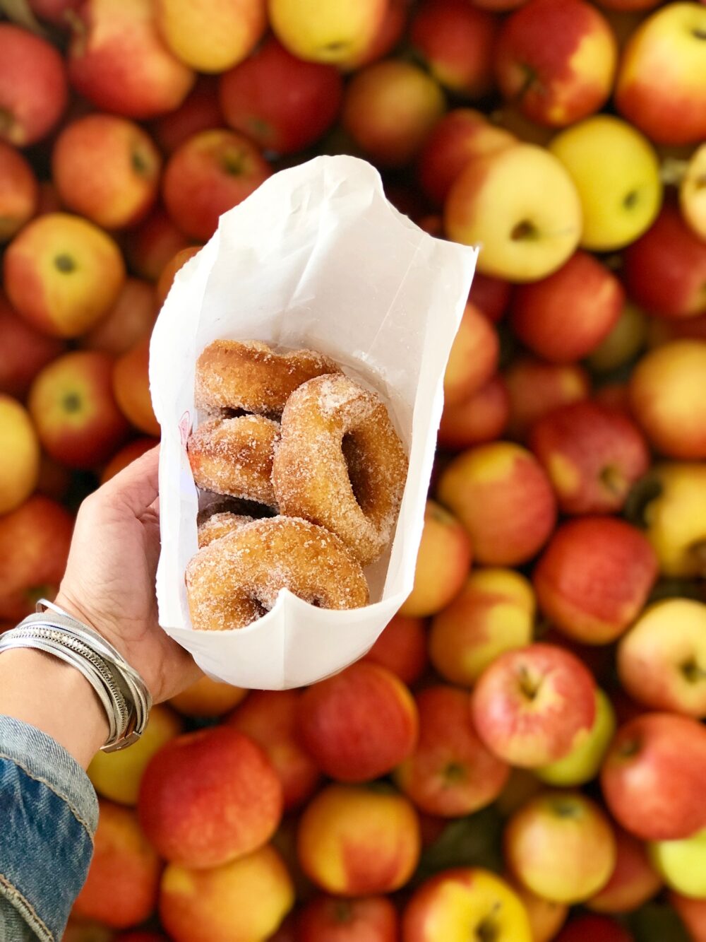 hand holding a bag of apple donuts in front of a large bushel of apples