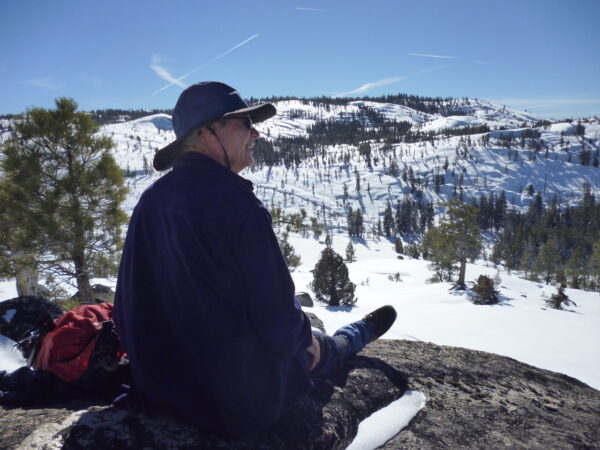 Man overlooking snowy vista