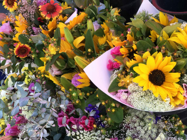 bouquets of flowers at a farmers market
